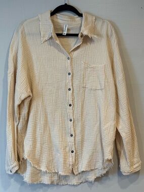 Zenana Boutique Gauze Button Down Roll-Up Long Sleeve Shirt Light Beige Medium